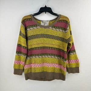 Chelsea & Violet Sweater Womens Large Green Pink Geometric Boho Long Sleeve Cozy